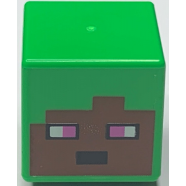 bright green minifigure head modified cube with pixelated reddish brown face black mouth and white and dark pink eyes pattern minecraft baker