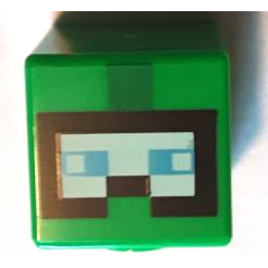 bright green minifigure head modified cube with pixelated black and light aqua goggles and medium azure eyes pattern minecraft diver explorer