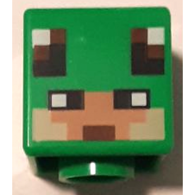 bright green minifigure head modified cube with pixelated nougat and tan face black eyes and reddish brown mouth pattern minecraft turtle skin warrior