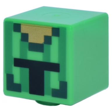 bright green minifigure head modified cube with pixelated dark green and gold helmet with vertical green stripes and black opening pattern minecraft cactus knight