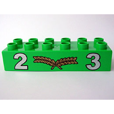 duplo brick 2 x 6 with silver numbers 2 and 3 with center gold laurels pattern