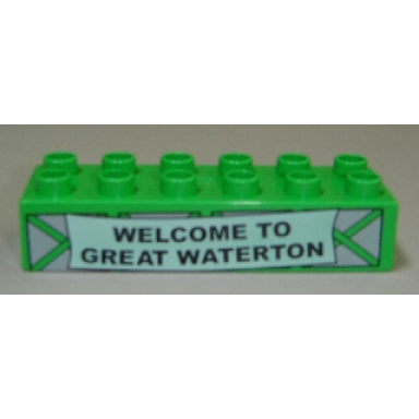 bright green duplo brick 2 x 6 with welcome to great waterton pattern