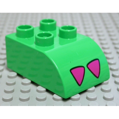 bright green duplo brick 2 x 3 slope curved with magenta triangles pattern