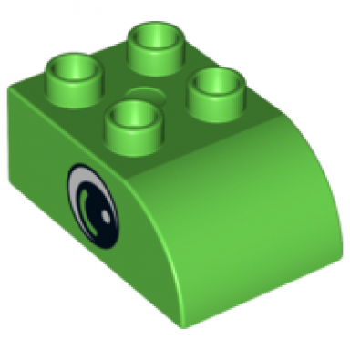 bright green duplo brick 2 x 3 slope curved with circled black eye with arc and white pupil pattern on both sides