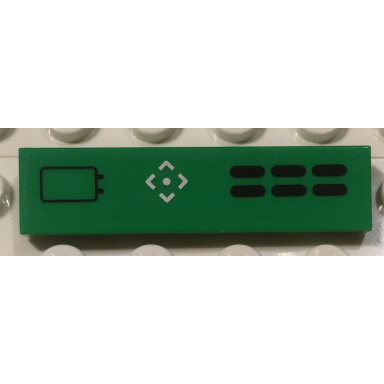 bright green tile 1 x 4 with black outlined battery aim symbol and 6 black points pattern sticker - set 70704