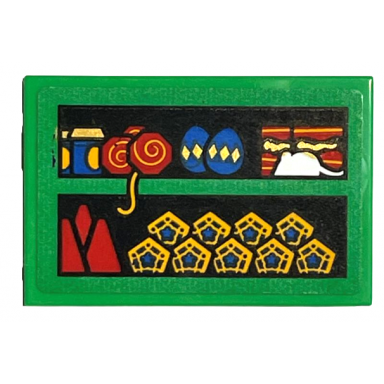 bright green tile 2 x 3 with bright green shelf with chocolate frogs blue and gold eggs white rat red cones and sweet treats pattern sticker - set 76405