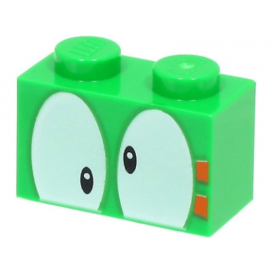 bright green brick 1 x 2 with black eyes on white background and 2 orange rectangles pattern super mario lemmy upper face
