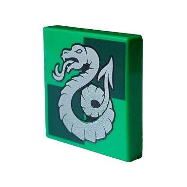 bright green tile 2 x 2 with silver slytherin crest on dark green squares pattern
