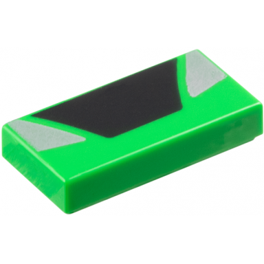 bright green tile 1 x 2 with black trapezoid in center and silver triangular panels on sides pattern