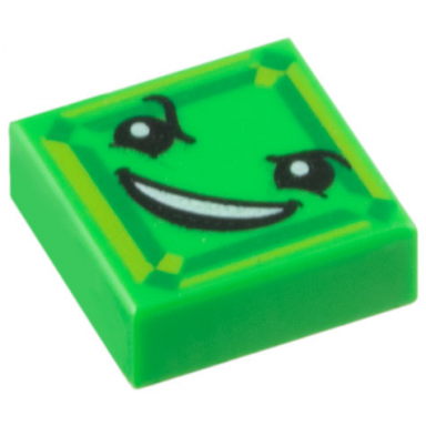 bright green tile 1 x 1 with black eyes raised eyebrow fiendish smile with teeth and lime and green square pattern kryptomite face
