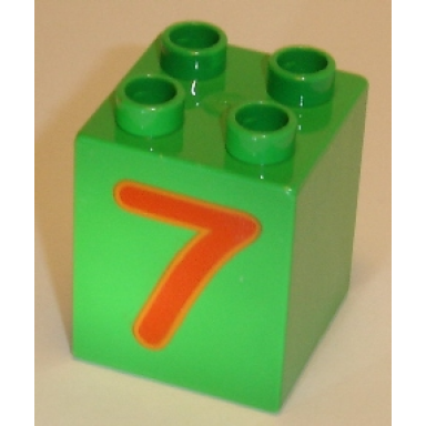 bright green duplo brick 2 x 2 x 2 with number 7 red pattern