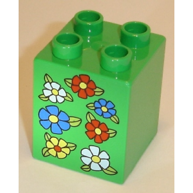 bright green duplo brick 2 x 2 x 2 with 7 flowers pattern