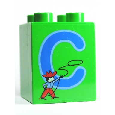 bright green duplo brick 2 x 2 x 2 with letter c and cowboy pattern