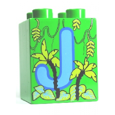 bright green duplo brick 2 x 2 x 2 with letter j and jungle pattern