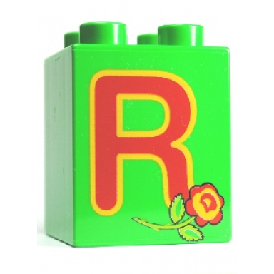 bright green duplo brick 2 x 2 x 2 with letter r and rose pattern