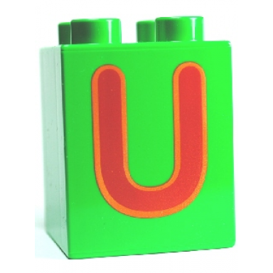 bright green duplo brick 2 x 2 x 2 with letter u pattern