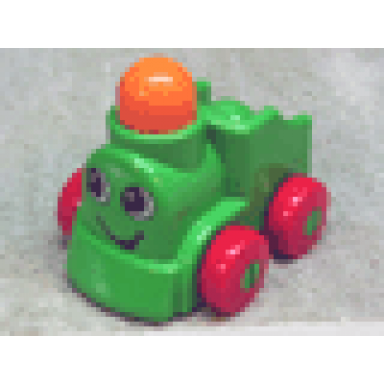 bright green primo vehicle train choo choo engine with wheels with face with smile pattern
