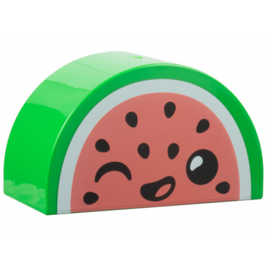 bright green duplo brick 2 x 4 x 2 slope curved double with white and coral watermelon black seeds and winking face pattern