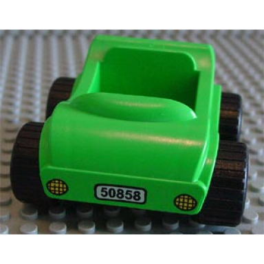 bright green duplo car with molded pearl light gray wheels and black treaded tires with yellow headlights black 50858 on white license plate pattern