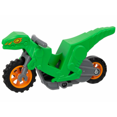 bright green stuntz flywheel motorcycle velociraptor bike with dark bluish gray frame orange wheels and dark bluish gray handlebars with yellow eyes and orange markings pattern