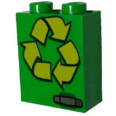 bright green brick 1 x 2 x 2 with inside stud holder with yellow recycling arrows and silver door handle pattern