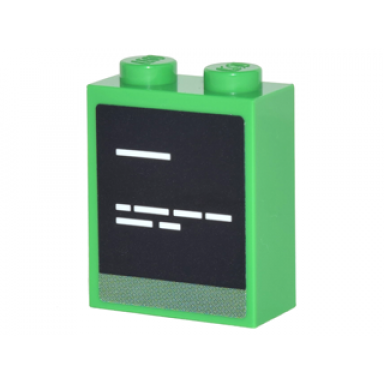 bright green brick 1 x 2 x 2 with inside stud holder with computer screen with white text lines pattern sticker - set 70620