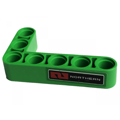 bright green technic liftarm modified bent thick l-shape 3 x 5 with northern pattern model right side sticker - set 42129