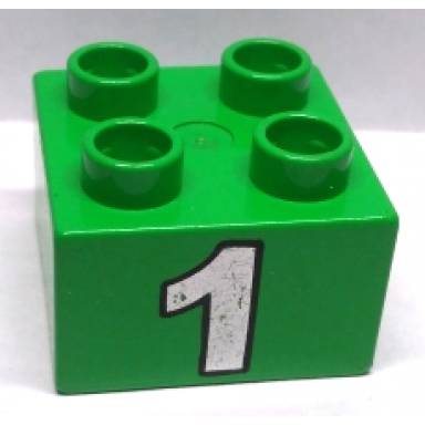 bright green duplo brick 2 x 2 with silver number 1 pattern
