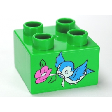 bright green duplo brick 2 x 2 with bluebird and dark pink flower pattern