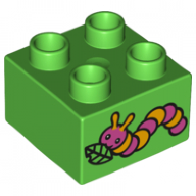 bright green duplo brick 2 x 2 with caterpillar pattern