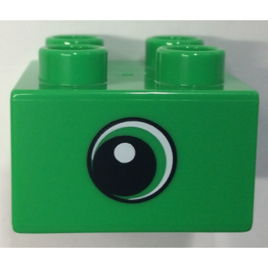 bright green duplo brick 2 x 2 with circled black eye small with crescent and white pupil pattern on both sides