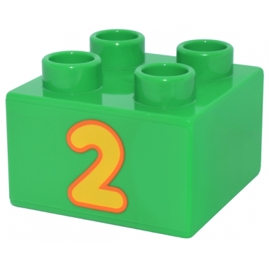 bright green duplo brick 2 x 2 with yellow number 2 with orange outline pattern