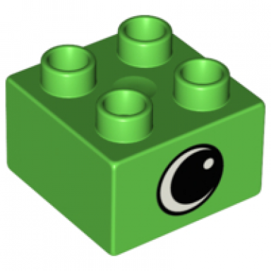 bright green duplo brick 2 x 2 with black and white eye with spot pattern on opposite sides