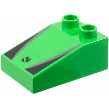 bright green duplo brick 3 x 2 slope 33 with sauber formula 1 logo partial capital letter s on black circle dark silver stripes black triangles pattern