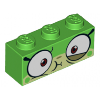 bright green brick 1 x 3 with cat face wide eyes and olive green lower eyelid sick expression with closed mouth pattern queasy unikitty