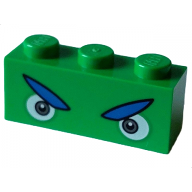 bright green brick 1 x 3 with angry dark bluish gray and white eyes blue eyebrows pattern super mario ludwig upper face