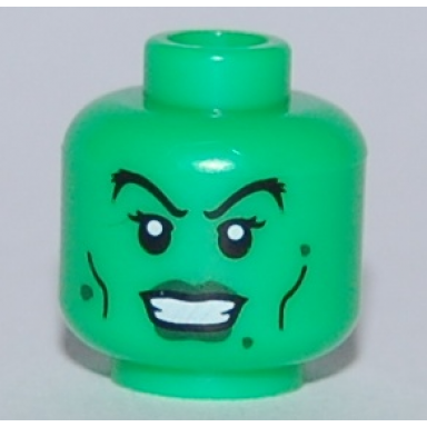 bright green minifigure head female dark green lips and warts black cheek lines and eyelashes pattern
