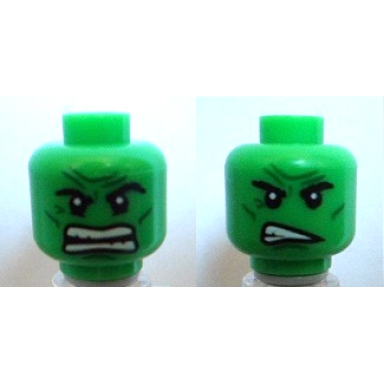 bright green minifigure head dual sided alien with black thick eyebrows dark green cheek lines chin dimple and wrinkles furrowed brow angry open mouth with teeth parted scowl pattern