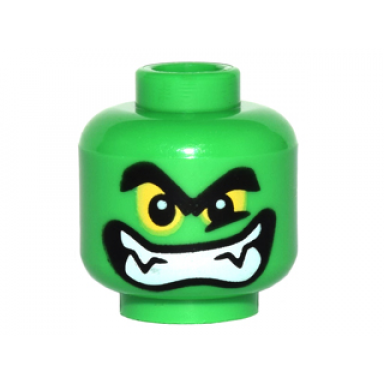 bright green minifigure head alien with black thick eyebrows yellow eyes and wide grin with teeth and fangs pattern