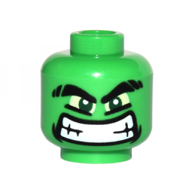 bright green minifigure head alien with black thick eyebrows yellow eyes and wide grin with teeth pattern