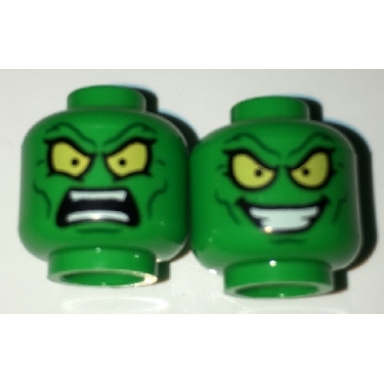 bright green minifigure head dual sided alien with large yellow eyes angry wide evil grin pattern green goblin
