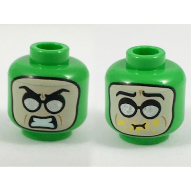 bright green minifigure head dual sided balaclava light nougat face silver round sunglasses scowl eating mustard pattern