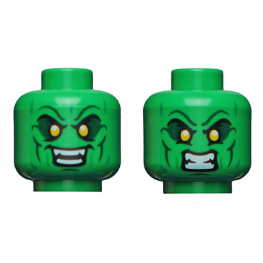 bright green minifigure head dual sided alien dark green eyebrows and cheek lines small yellow eyes smile angry pattern