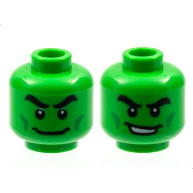 bright green minifigure head dual sided black thick eyebrows green cheek lines wide grin open mouth smile with teeth pattern