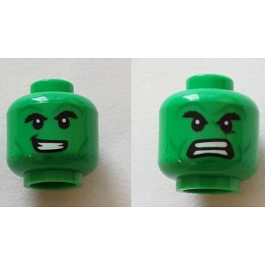 bright green minifigure head dual sided black thick eyebrows green cheek lines and stubble open mouth smile with teeth angry with bared teeth pattern