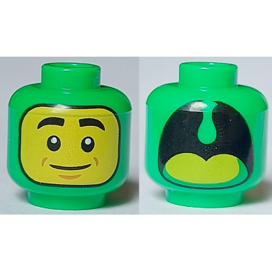 bright green minifigure head dual sided balaclava yellow face black eyes eyebrows and mouth open mouth with lime tongue dragon pattern