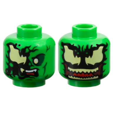 bright green minifigure head dual sided alien partial venom smudge dark green eye left full black venom with tan eyes and teeth pattern