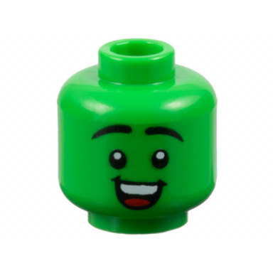 bright green minifigure head black eyebrows raised open mouth smile with top teeth and red tongue pattern