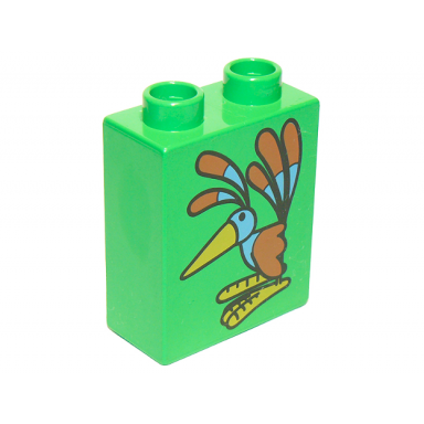bright green duplo brick 1 x 2 x 2 with colorful bird pattern