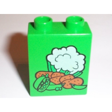 bright green duplo brick 1 x 2 x 2 with cauliflower peas and potatoes pattern